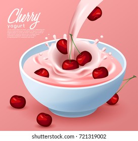 Yogurt Bowl with Milk Splash : Cherry Milk : Vector Illustration