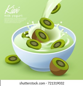 Yogurt Bowl with Milk Splash : Kiwi Milk : Vector Illustration