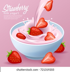 Yogurt Bowl with Milk Splash : Strawberry Milk : Vector Illustration