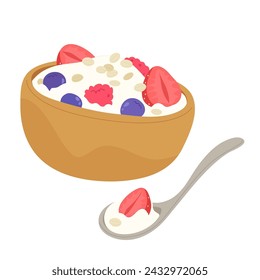 Yogurt bowl topped with grains and healthy fruit for morning isolated on white background. Concept of healthy breakfast, meal, delicious food, greek yogurt, lifestyle, health care. Flat vector.