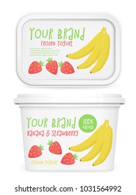 Yogurt box mockup, vector 3d design with banana and strawberry frozen yogurt