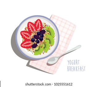 Yogurt Breakfast Bowl - Yogurt, fresh fruit and berries arranged in a bowl with granola, chia seeds and goji berry. Easy and healthy morning meal with napkin and spoon. Top view vector illustration