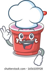 Yogurt cartoon character working as a chef and wearing white hat