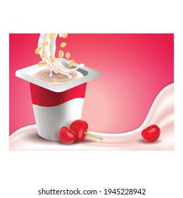 Yogurt With Cherry And Muesli Promo Poster Vector. Organic Yogurt Eco Product With Sweet Ripe Fruit And Cereal Creative Advertising Marketing Banner. Color Concept Template Illustration