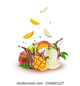 Yogurt chocolate milk with mango, peach and apple slices. Flowing 3d milk splash design element isolated on white background. Vector EPS10.