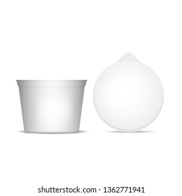 Yogurt container mockup. White plastic cup with cover isolated on white background