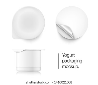 Yogurt-Container-Verpackung Muster aufführen. Vektorgrafik auf weißem Hintergrund. Oben- und Seitenansicht. Einfach zu verwenden, um Ihr Produkt, Ihre Idee, Ihr Design vorzustellen. Vorder- und Seitenansicht. EPS10.