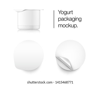 Yogurt container packaging mockup. Vector illustration on white background. Top and side view. Easy to use for presentation your product, idea, design. Front and side view. EPS10.