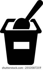 yogurt container with spoon icon, Black simple vector of open plastic container in flat graphic design elements, Contour isolated pictogram on transparent background, for web, mobile apps and ui.