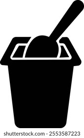 yogurt container with spoon icon, Black simple vector of open plastic container in flat graphic design elements, Contour isolated pictogram on transparent background, for web, mobile apps and ui.