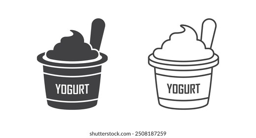 Envase de yogur con un icono de cuchara en estilo plano. Ilustración vectorial de fondo de productos lácteos sobre fondo aislado. Concepto de negocio de signos de alimentos saludables.