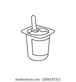 Envase de yogur con un icono de cuchara en estilo plano. Ilustración vectorial de fondo de productos lácteos sobre fondo aislado. Concepto de negocio de signos de alimentos saludables.