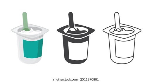 Contenedor de yogur con iconos de cuchara en estilo plano. Ilustración vectorial de fondo de productos lácteos sobre fondo aislado. Concepto de negocio de signos de alimentos saludables.