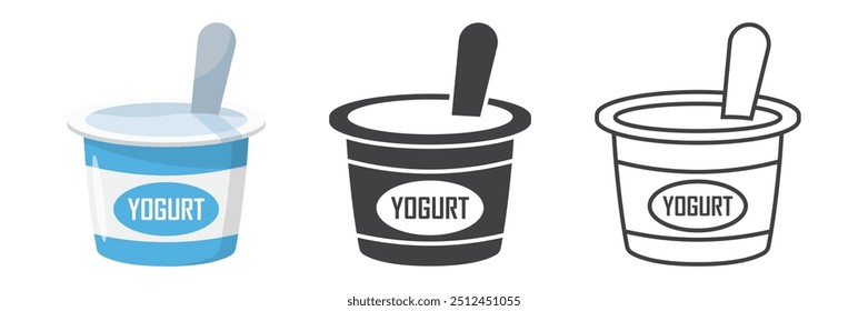 Yogurt container with a spoon icons set in flat style. Dairy product background vector illustration on isolated background. Healthy food sign business concept.