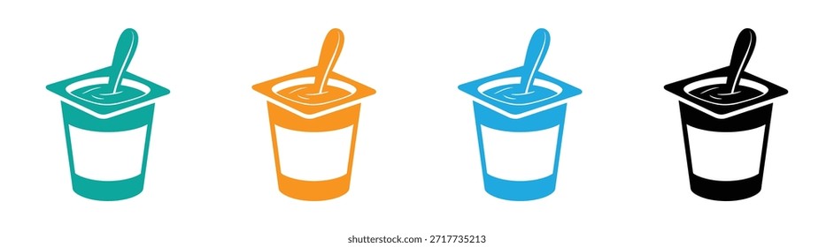 Contenedor de yogur con iconos de cuchara en estilo plano. Copas de yogur de colores con cucharas sobre fondo blanco. 