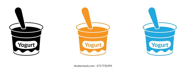 Contenedor de yogur con iconos de cuchara en estilo plano. Copas de yogur de colores con cucharas sobre fondo blanco. 