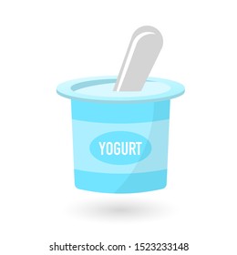 yogurt container with spoon on white background