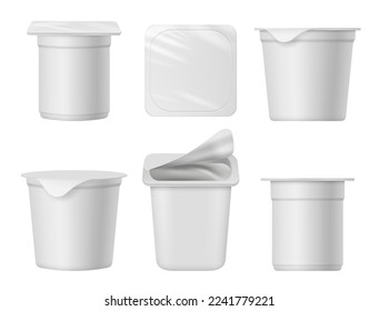 Yogurt containers. Mockup templates of dairy products milk food plastic containers decent vector pictures set