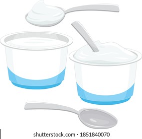 Jogurt-Container mit Löffeln. Vektorgrafik