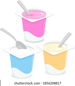 Yogurt in containers with spoons. Vector illustration