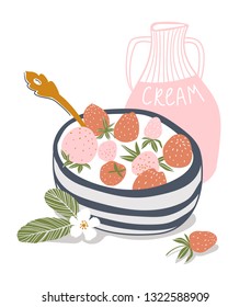 Yogurt cream with fresh strawberry in a saucer. Vector food illustration in hand-drawn style. 