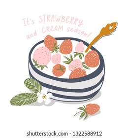 Yogurt cream with fresh strawberry in a saucer. Vector food illustration in hand-drawn style. 