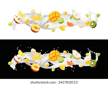 Yogurt, cream or milk drink white wave flow splash with tropical fruits and drops, vector food. Realistic 3d mango, banana, peach, apple and grapes, pineapple, pear and kiwi fruit in yoghurt splash