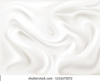 Yogurt, cream or silk texture vector illustration of 3D liquid white paint wavy flow pattern background for dairy product, textile or cosmetic moisturizer design template