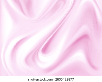 Yogurt with creamy strawberry texture and smooth pink wave. Fresh yogurt mousse with milky flow for cosmetic or food advertisement design and sweet berry promotion. Ice cream or pudding pattern