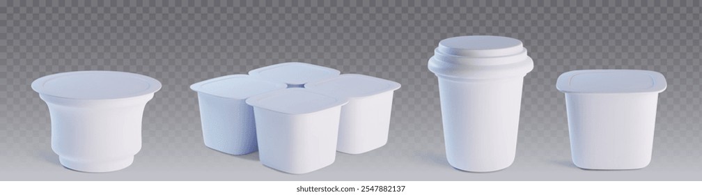 Yogurt cup mockups set isolated on transparent background. Vector realistic illustration of round and square plastic containers for dairy products, ice cream package with blank space for branding