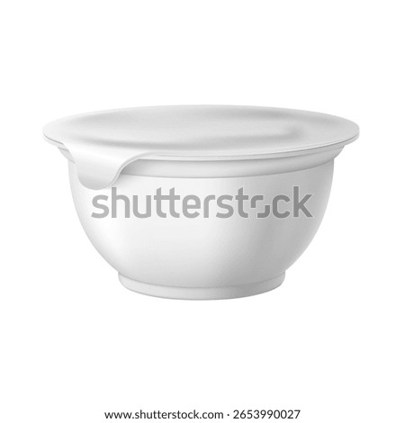 Yogurt cup packaging mockup in white plastic container with closed foil lid. 3d realistic colorless template. Dessert. Dairy product. Vector illustration. Isolated background. Icon.