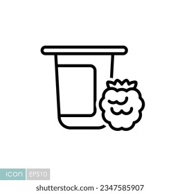 Yogurt cup, plastic container with flavor raspberry vector icon. Dairy product sign. Graph symbol for cooking web site and apps design, logo, app, UI