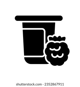 Yogurt cup, plastic container with flavor raspberry vector glyph icon. Dairy product sign. Graph symbol for cooking web site and apps design, logo, app, UI