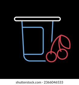 Yogurt cup, plastic container with flavor cherry vector on black background icon. Dairy product sign. Graph symbol for cooking web site and apps design, logo, app, UI