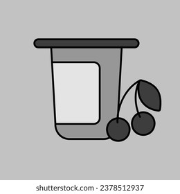 Yogurt cup, plastic container with flavor cherry vector grayscale icon. Dairy product sign. Graph symbol for cooking web site and apps design, logo, app, UI