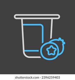Yogurt cup, plastic container with flavor blueberry vector on dark background icon. Dairy product sign. Graph symbol for cooking web site and apps design, logo, app, UI