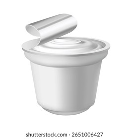 Yogurt cup, sour cream, milk and other products package. Realistic 3D mock up of white round plastic container with open foil lid, cap. Vector design template of farm product front view isolated