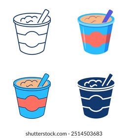 Taza de yogur con icono de cuchara en estilo plano y línea. Producto lácteo en un recipiente. Ilustración vectorial.