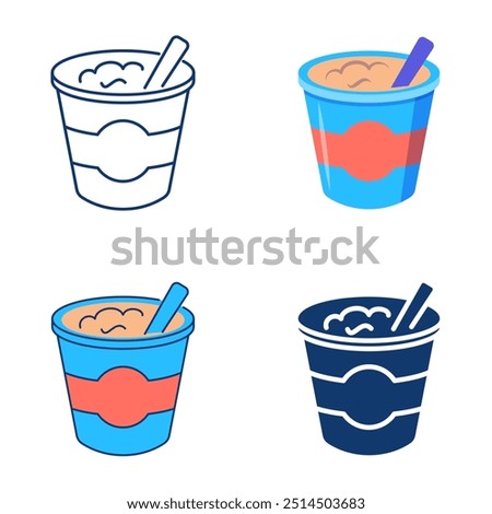 Yogurt cup with spoon icon set in flat and line style. Dairy product in a container. Vector illustration.