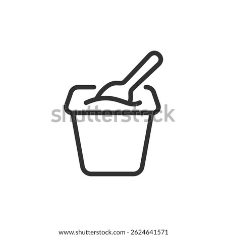 Yogurt cup with spoon, linear icon. Dairy snack or probiotic food. Line with editable stroke.