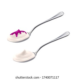 Yogurt Dairy Cream Dessert On Spoon Set Vector. Organic Yogurt Nutrition Classic And With Jam On Kitchenware Utensil. Bacterial Fermentation Of Milk Product Layout Realistic 3d Illustrations