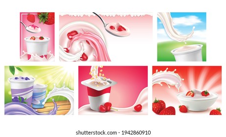 Yogurt Dairy Food Promotional Banners Set Vector. Yogurt Natural Classical Milky Nutrition With Strawberry, Cherry And Blueberry Advertising Marketing Posters. Color Concept Layout Illustrations
