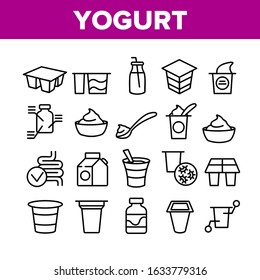 Yogurt Dairy Nutrition Collection Icons Set Vector Thin Line. Yogurt On Spoon And In Bottle With Tube, Human Organ Intestines Concept Linear Pictograms. Monochrome Contour Illustrations