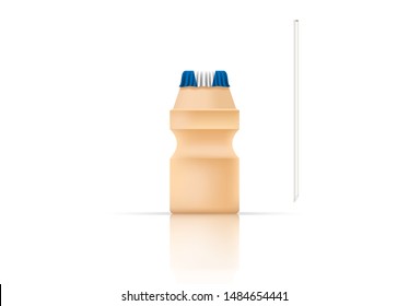 Yogurt drink bottle on white background and reflection shadow and a straw