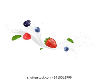 Yogurt drink, milk swirl and wave splash with berry. Isolated 3d vector realistic dairy product, milkshake or cream white liquid stream with strawberry, blueberry, raspberry and blackberry with leaves