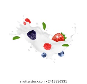 Jogurt Getränk, Milch wirbeln und Wellensplash mit Beeren. Realistischer Jogurt mit Erdbeeren, Brombeeren, Blaubeeren mit Himbeeren und grünen Blättern. Isolierte 3D-Vektor-Milchproduktspat, Flüssigkeitsstrom