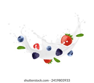 Yogurt drink or milk wave splash with berries, vector dessert food. Realistic 3d fruits, cream or yoghurt flow with mint leaves, strawberry, blueberry, raspberry and blackberry, creamy drops and drips