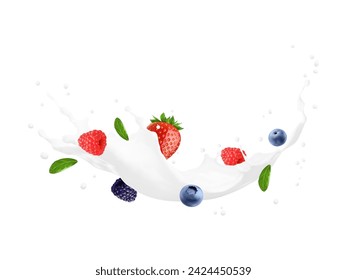 Joghurtgetränk oder Milchwellenspritzer, Sahne-Wirbel mit Beeren und Minzblättern, realistische Vektor-Milchnahrung. Isolierte 3D-weiße Spill mit frischen Erdbeeren, Himbeeren, Heidelbeeren und Brombeeren