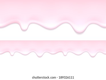 Yogurt drips. Strawberry milk product flowing - white background. Seamless horizontal border.