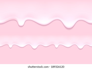 Yogurt drips. Strawberry milk product flowing - pink background. Seamless horizontal border.